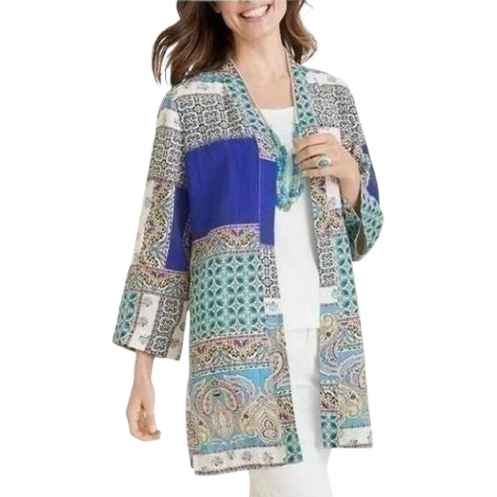 {Chicos} Open Cardigan in Patchwork 100% Linen - Size XS